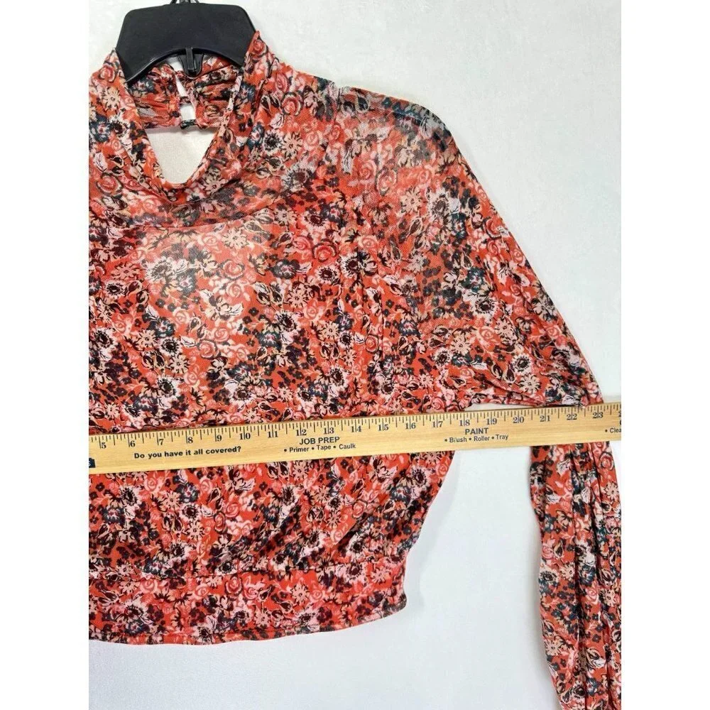 Free People All Dolled Up Mesh Crop Top Women’s Small Red Floral Mock Neck Ties